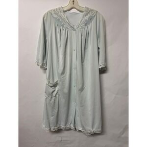 Vintage Shadowline Robe Pale Blue Lace‎ Trim Floral Embroidery Loungewear Medium